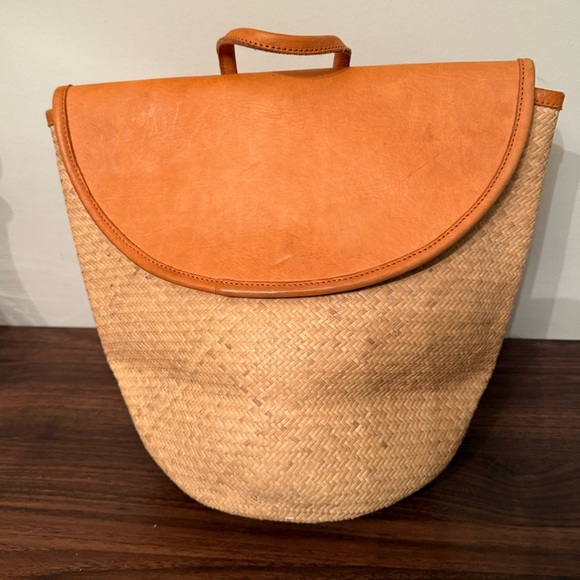 Street Level Shoulder Bag Backpack Raffia Tan Genuine Leather Boho Beach - Picture 1 of 15